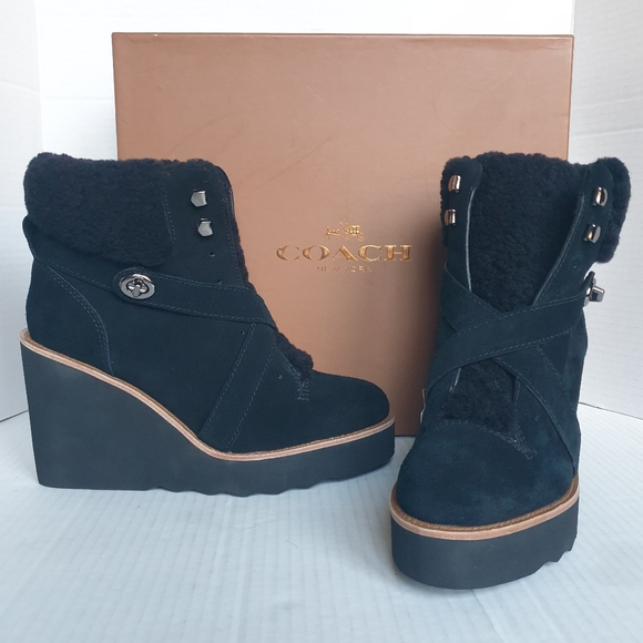 Coach Kenna Black Suede & Real Sheep Fur Wedge Ankle Winter Booties Sz 7.5 - Picture 12 of 16
